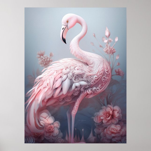 Poster Flamingo Rosa Abstrato Surreal Bonito em Cinza (Frente)