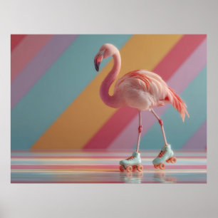 Poster Flamingo Rosa Caprichoso em Patins de Rodas