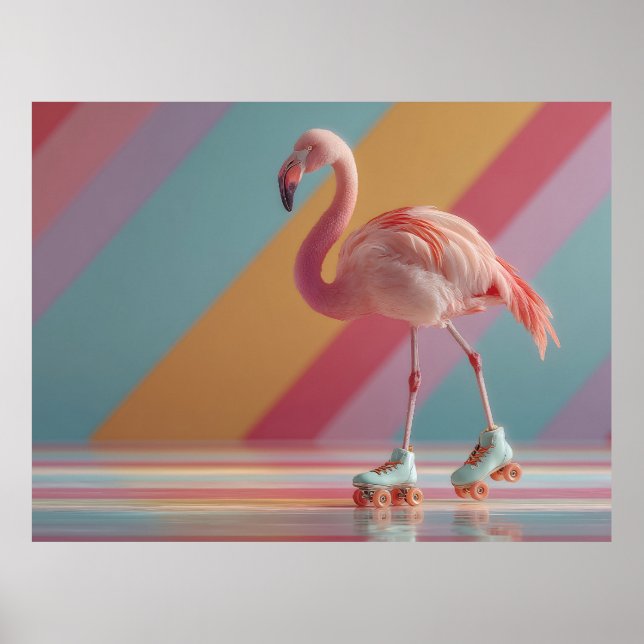 Poster Flamingo Rosa Caprichoso em Patins de Rodas (Frente)