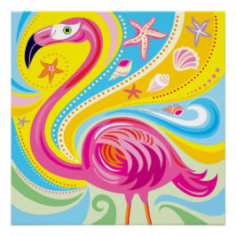 Póster Flamingo Rosa com Estrela do Mar