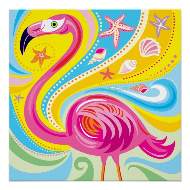 Póster Flamingo Rosa com Estrela do Mar (Frente)