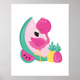 Poster Flamingo rosa com melancia e abacaxi