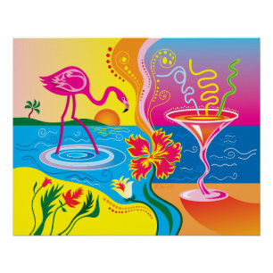 Póster Flamingo Rosa e Coquetel de Verão
