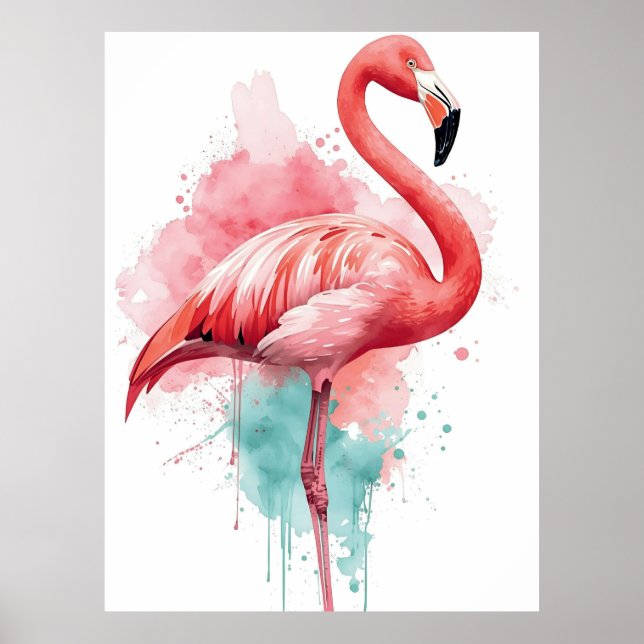 Poster Flamingo Rosa e Splash de Aquarela Vibrante Turque (Frente)