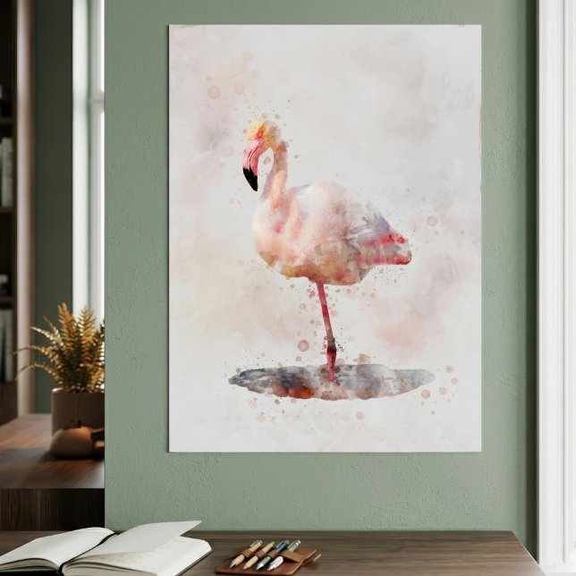 Poster Flamingo Rosa Elegante em Aquarela (Elegant Pink Flamingo standing in Watercolor. Poster)