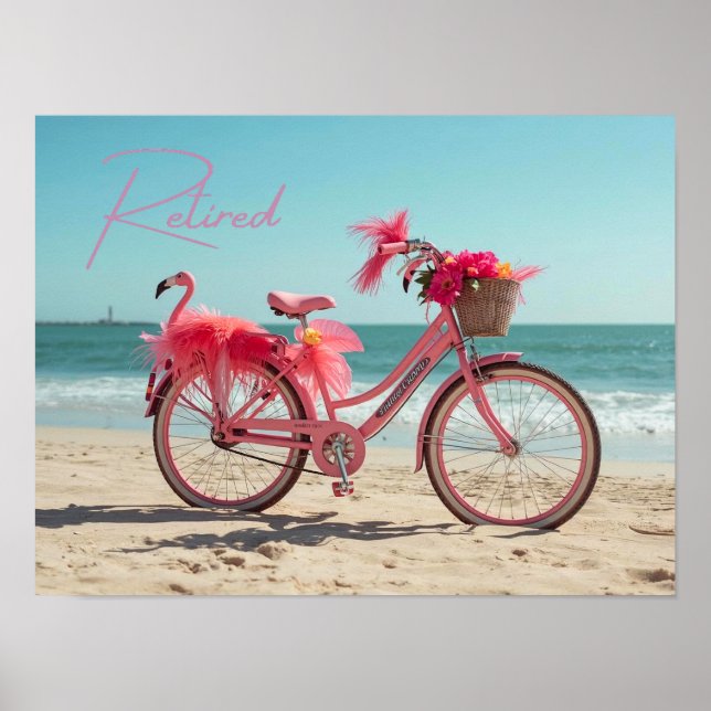 Poster Flamingo Rosa Fofo de Bicicleta Aposentado na Prai (Frente)