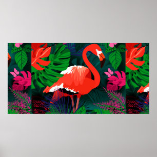 Poster Flamingo rosa. Folhas tropicais, borboleta rosa,