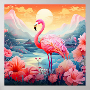 Poster Flamingo Tropical com Flores