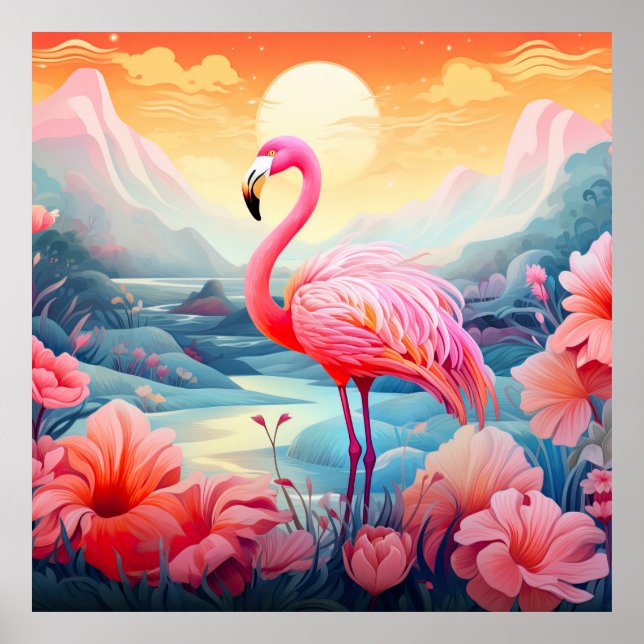 Poster Flamingo Tropical com Flores (Frente)