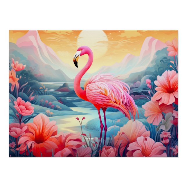 Póster Flamingo Tropical com Flores (Frente)