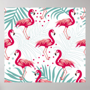 Poster Flamingo tropical e folhas, padrão de verão.