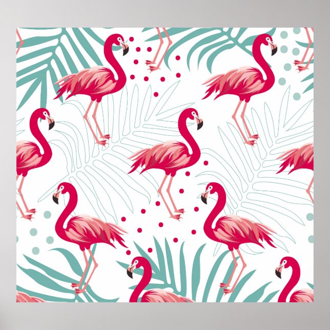 Poster Flamingo tropical e folhas, padrão de verão. (Frente)