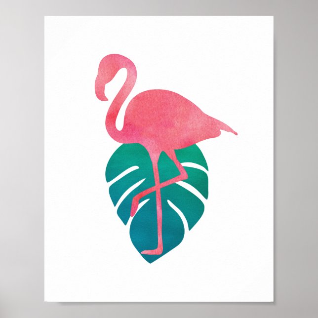 Poster Flamingo Tropical Folhas de Aquarela (Frente)