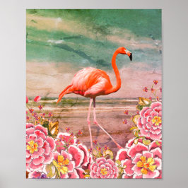 Poster Flamingo Tropical na Praia e Flores Rosa Oriental