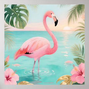 Poster Flamingo Tropical Pôr do Sol Aquarela