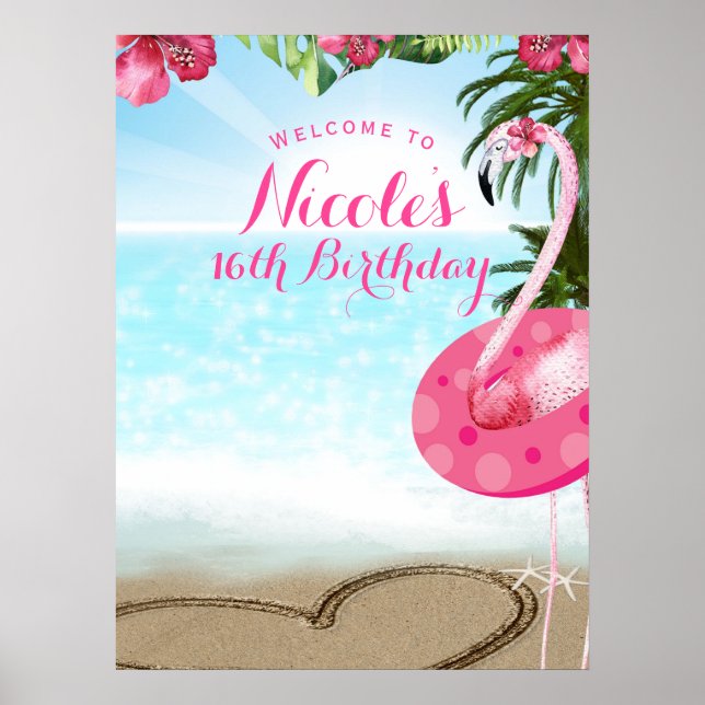 Póster Flamingo Tropics Hibiscus Pink Chic Party Banner (Frente)