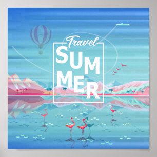 Poster Flamingo, viagem mágico, praia tropical do mar do