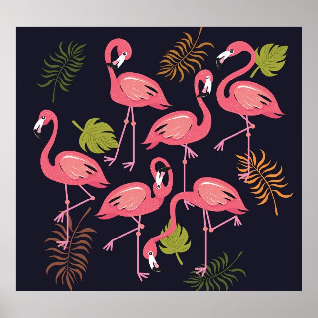 Poster Flamingos, colheita de aves tropicais. (Frente)
