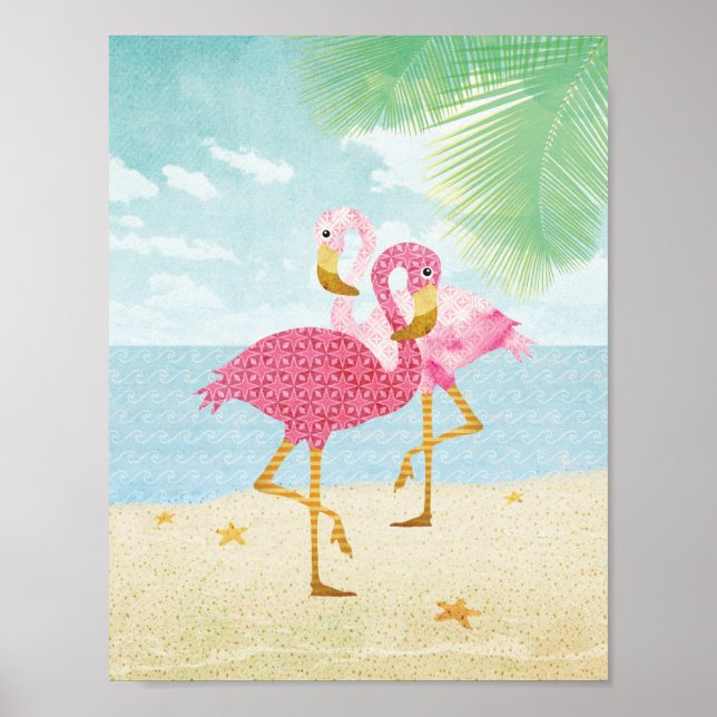 Poster Flamingos cor-de-água rosa na praia (Frente)