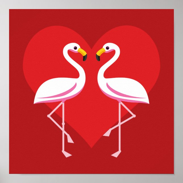 Poster Flamingos Cor-de-rosa branco-claro com coração ver (Frente)