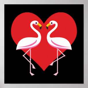 Poster Flamingos Cor-de-rosa branco-claro com coração ver