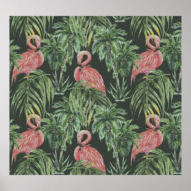 Poster flamingos cor-de-rosa, padrão de safra tropical. (Frente)
