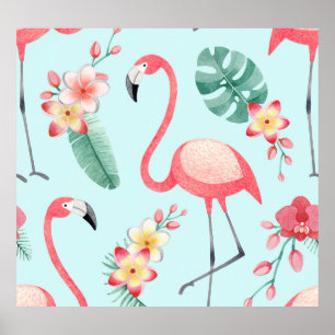 Poster Flamingos Flores Tropicais Padrão de Aquarela