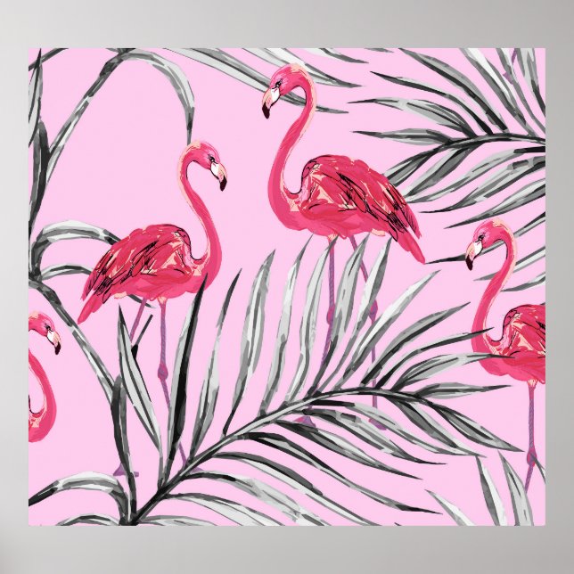 Poster Flamingos, padrão de vinheta de aquarela tropical. (Frente)