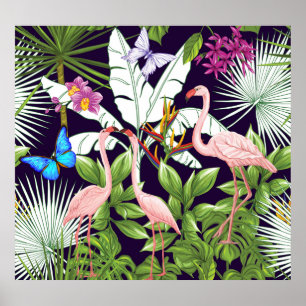 Poster Flamingos, plantas tropicais: padrão de colheita.