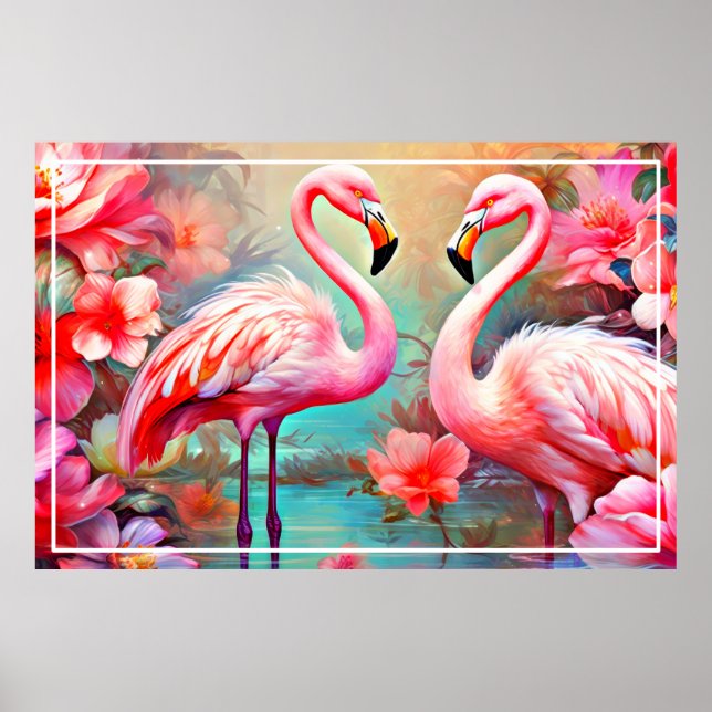 Poster Flamingos rosa em um lago com flores-20231 (Frente)