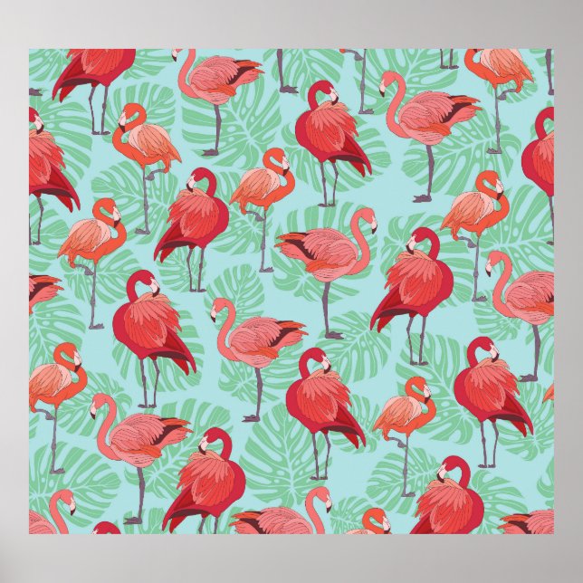 Poster Flamingos Rosa: Padrão Exótico Sem Olhos. (Frente)