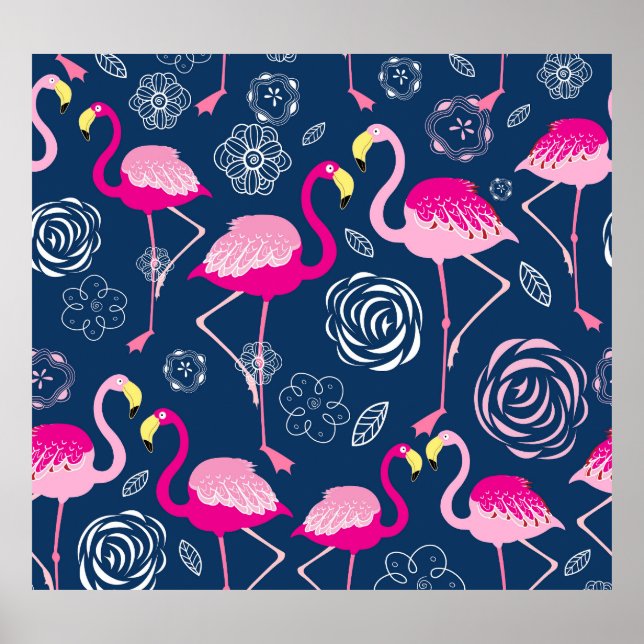 Poster Flamingos Rosa: Padrão Gráfico Escuro (Frente)