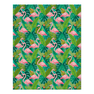 Póster Flamingos Rosa Tropical Folhagem da Selva