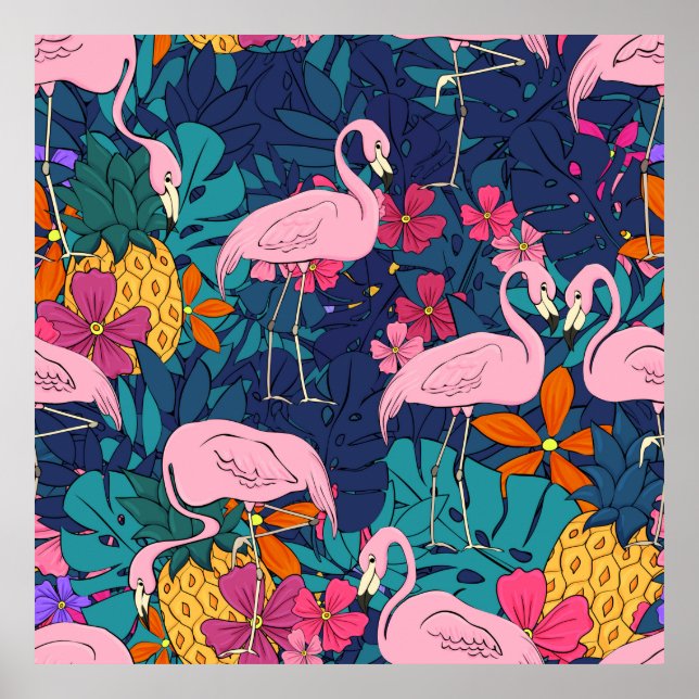 Poster Flamingos sobre fundo de folhas tropicais e f (Frente)