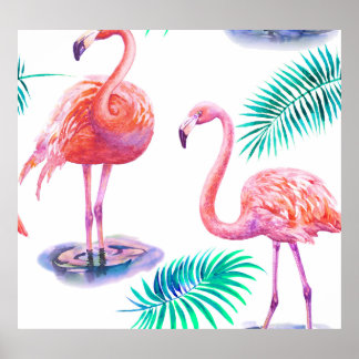 Poster Flamingos Tropicais: Orquídeas Aquarela Sem Olho.