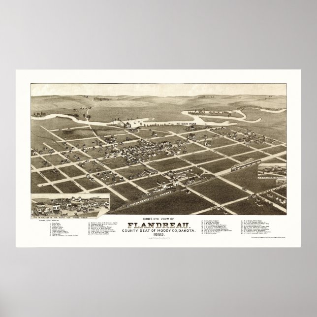 Poster Flandreau, SD Mapa Panorâmico - 1883 (Frente)