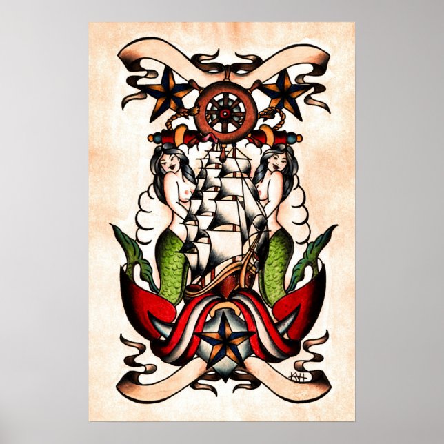 Póster Flash de Tatuagem Marítima da Escola Antiga (Frente)