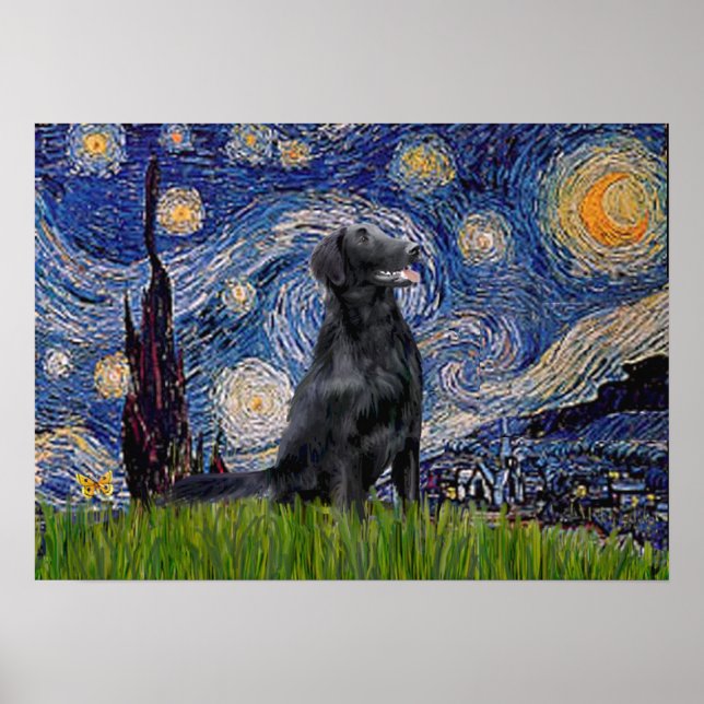 Póster Flat Coated Retriever 1 - Noite Estrelada (Frente)