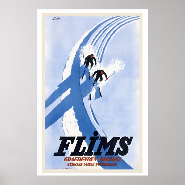 Poster Flims Graubünden Grisons Suíça Esqui Antigo (Frente)