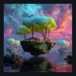 Poster Floating Turquoise Tree Islands Neon Sky<br><div class="desc">Three colossal, glowing trees with electric turquoise, lime, and chartreuse canopies dominate floating islands of mossy rock and ancient ruins. Tiny crystals and patchwork greenery sparkle beneath the branches while the islands hover above a mirror-like ocean reflecting a dramatic sky of swirling magenta, violet, pink, and cyan clouds pierced by...</div>