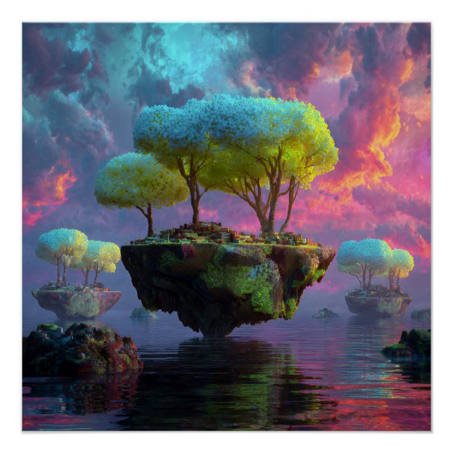 Póster Floating Turquoise Tree Islands Neon Sky (Frente)