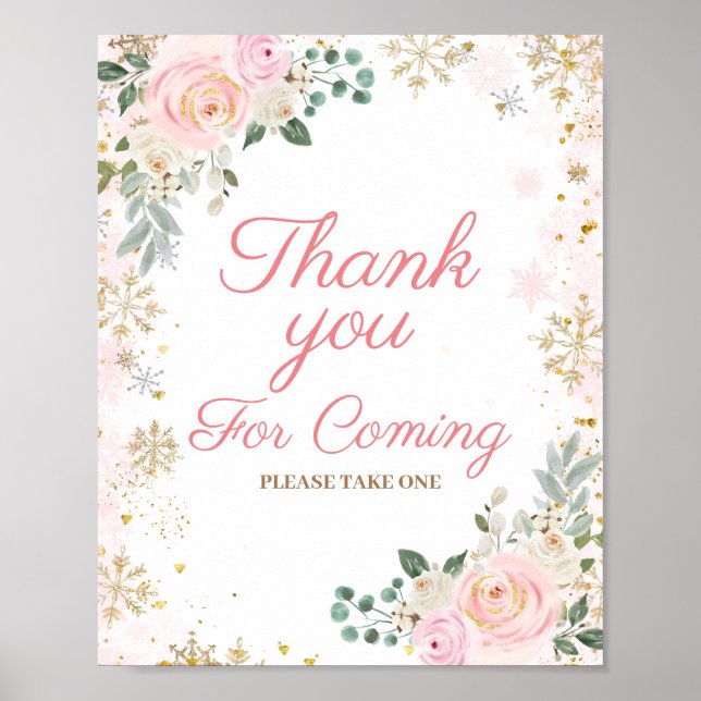 Poster Floco de neve florido cor-de-rosa-inverno Obrigado (Frente)