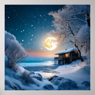Poster Flocos de neve com lua cheia