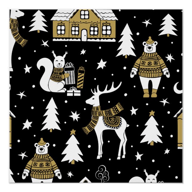 Póster Flocos de neve de Natal preto e branco (Frente)
