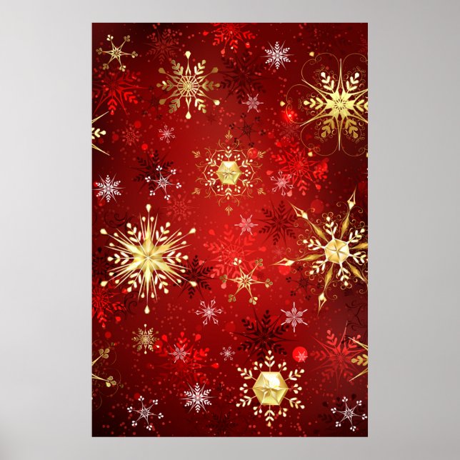 Poster Flocos de neve do Ouro de Natal em Fundo Vermelho (Frente)