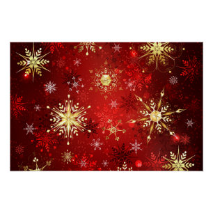 Póster Flocos de neve do Ouro de Natal em Fundo Vermelho