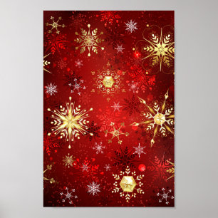 Poster Flocos de neve do Ouro de Natal em Fundo Vermelho