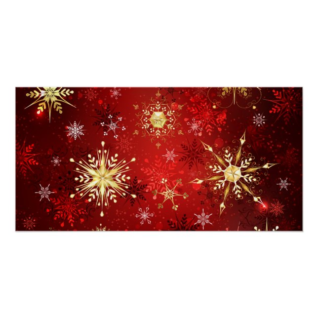 Póster Flocos de neve do Ouro de Natal em Fundo Vermelho (Frente)