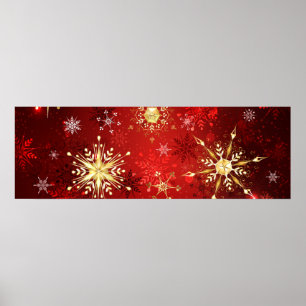 Poster Flocos de neve do Ouro de Natal em Fundo Vermelho