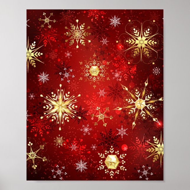 Poster Flocos de neve do Ouro de Natal em Fundo Vermelho (Frente)